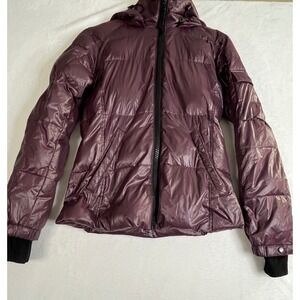 S13 NYC Puffer Jacket Women XS Burgundy Glossy Down Coat Hooded Y2K